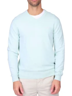 Pull en coton bleu ciel uni avec une coupe droite et un col V
