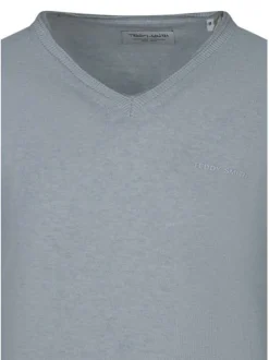 Pull en coton bleu clair à coupe droite pourvu d'un col v côtelé