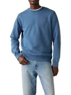 Pull en coton bleu à coupe droite effet délavé pourvu d'un col rond