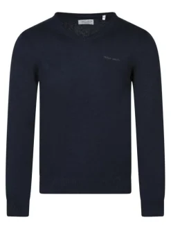Pull en coton bleu foncé à coupe droite pourvu d'un col v côtelé