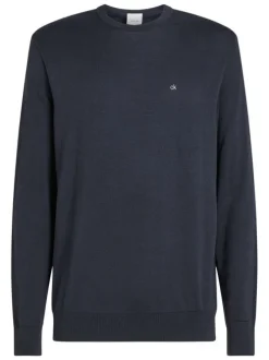 Pull en coton bleu marine uni à coupe droite et à col rond avec le logo en petit