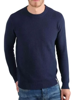 Pull en coton bleu marine uni en maille texturée et bords côtes