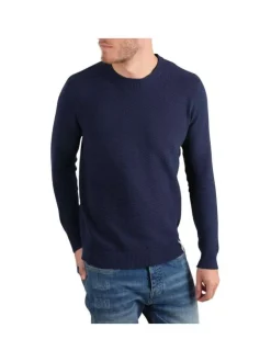 Pull en coton bleu marine uni en maille texturée et bords côtes