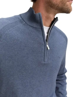 Pull en coton bleu uni avec un col camionneur côtelé à zip