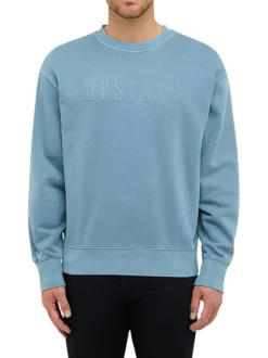 Pull en coton bleu uni avec un col rond et des manches longues