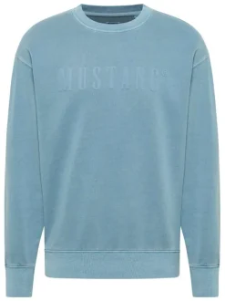 Pull en coton bleu uni avec un col rond et des manches longues