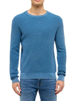 Pull en coton bleu uni avec une coupe droite et un col rond