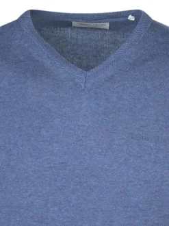Pull en coton bleu uni coupe ajustée avec un logo en relief sur la poitrine