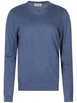Pull en coton bleu uni coupe ajustée avec un logo en relief sur la poitrine