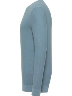 Pull en coton bleu uni droit à col rond et manches longues et broderie cheval