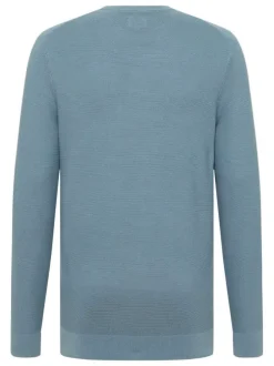 Pull en coton bleu uni droit à col rond et manches longues et broderie cheval