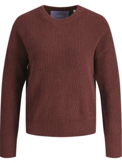 Pull en coton bordeaux uni en maille tricotée à coupe droite et col rond