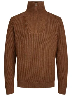 Pull en coton camel maille jersey avec une coupe droite et un col zippé