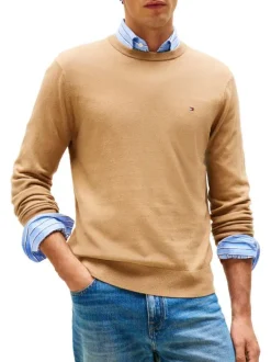 Pull en coton camel uni avec un col rond et des manches longues