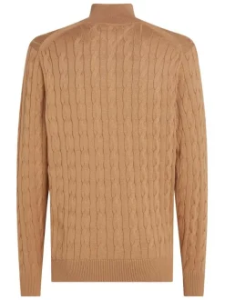 Pull en coton camel uni avec une coupe droite et un col camionneur boutonné