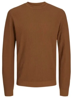 Pull en coton camel uni effet texturée avec une coupe droite et un col rond