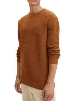 Pull en coton camel uni maille serrée à coupe droite et col rond