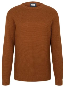 Pull en coton camel uni maille serrée à coupe droite et col rond