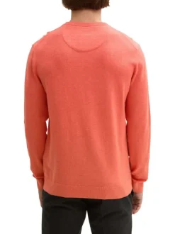 Pull en coton corail chiné avec un col rond et le logo de la marque brodé
