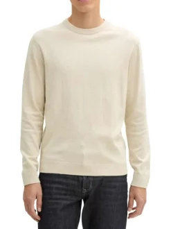 Pull en coton écru chiné avec un col rond et le logo de la marque brodé