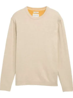 Pull en coton écru chiné avec un col rond et le logo de la marque brodé