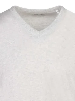 Pull en coton écru chiné uni avec un col v et une coupe droite