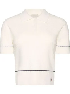 Pull en coton écru à coupe ajustée pourvu d'un col à revers boutonné