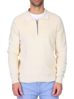 Pull en coton écru à coupe droite pourvu d'un col à revers zippé