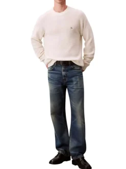 Pull en coton écru à maille effet gaufrée avec un col rond et coupe droite
