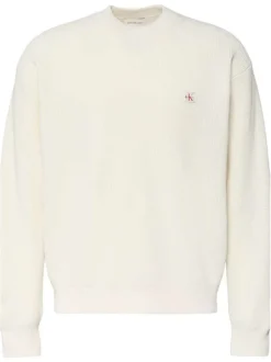 Pull en coton écru à maille effet gaufrée avec un col rond et coupe droite