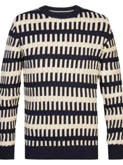 Pull en coton écru à rayures et coupe droite, col rond et manches longues