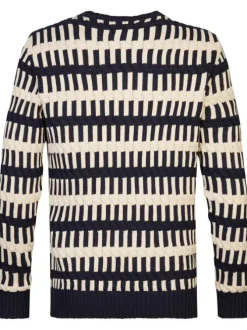 Pull en coton écru à rayures et coupe droite, col rond et manches longues