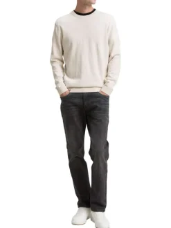 Pull en coton écru uni avec un col rond et des manches longues
