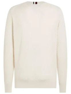 Pull en coton écru uni avec une coupe droite et un col rond en bord côte