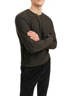 Pull en coton et lin mélangé anthracite en maille cueillie à coupe droite