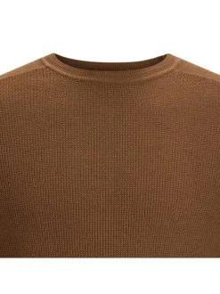 Pull en coton et lin mélangé camel en maille cueillie à coupe droite