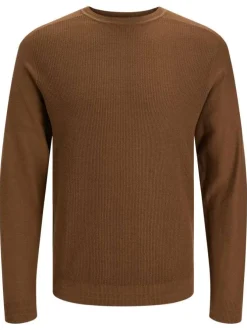 Pull en coton et lin mélangé camel en maille cueillie à coupe droite