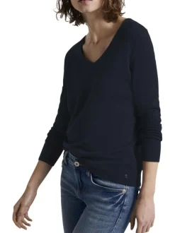 Pull en coton et viscose marine uni à coupe droite et col V côtelé