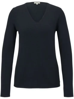 Pull en coton et viscose marine uni à coupe droite et col V côtelé