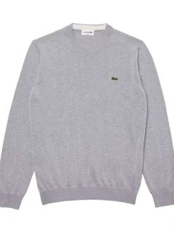 Pull en coton gris uni coupe droite avec un col rond et logo poitrine