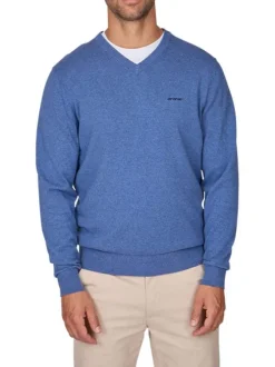 Pull en coton indigo uni avec une coupe droite à col v et logo iconique