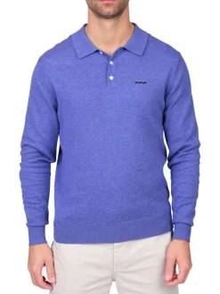 Pull en coton indigo uni avec une coupe droite et un col à revers