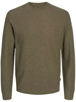 Pull en coton kaki chiné avec une coupe droite et un col rond