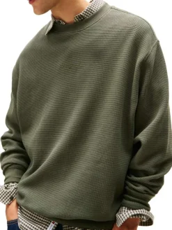 Pull en coton kaki en maille gaufrée pourvu d'un col rond et de manches longues