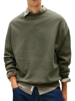 Pull en coton kaki en maille gaufrée pourvu d'un col rond et de manches longues