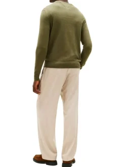 Pull en coton kaki uni avec un col rond et des manches longues