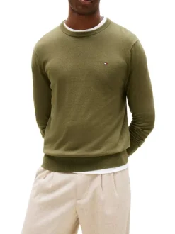 Pull en coton kaki uni avec un col rond et des manches longues