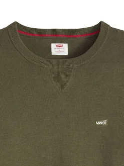 Pull en coton kaki uni avec un col rond et des manches longues