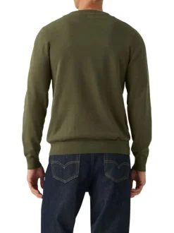 Pull en coton kaki uni avec un col rond et des manches longues