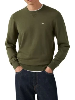 Pull en coton kaki uni avec un col rond et des manches longues